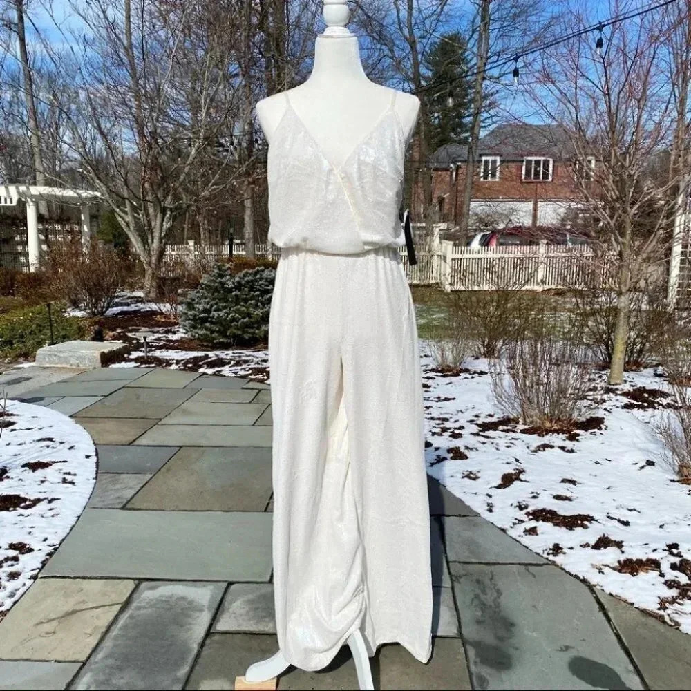 NWT Aidan Mattox La Lune Formal Wide-leg Sequin Jumpsuit White Size 4